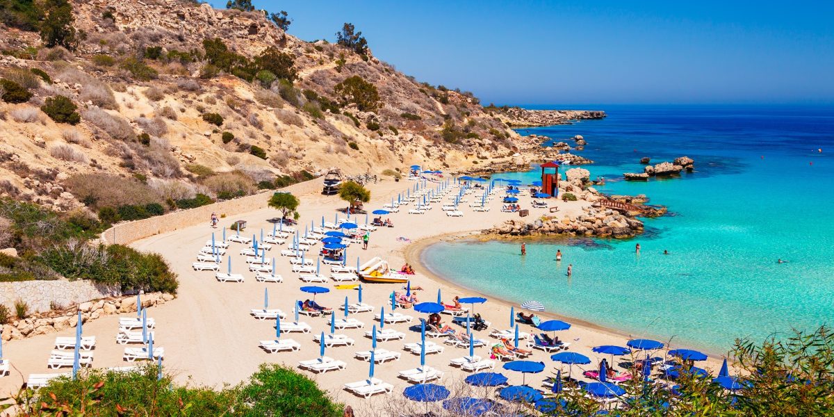 Beautiful landscape near of Nissi beach and Cavo Greco in Ayia Napa, Cyprus island, Mediterranean Sea. Amazing blue green sea and sunny day.